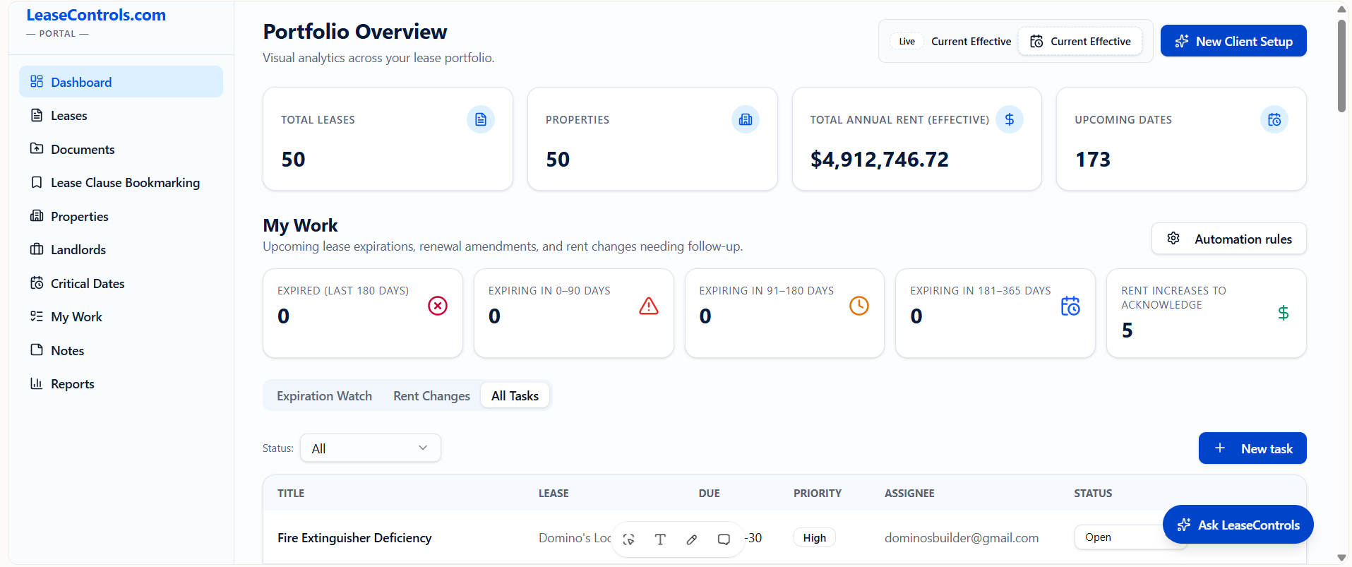 LeaseControls portal Portfolio Overview showing leases, properties, annual rent, upcoming dates and workflow tasks