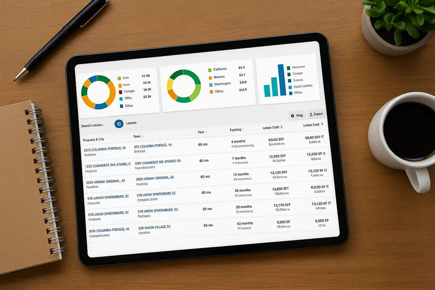 Tablet displaying organized lease data and portfolio analytics