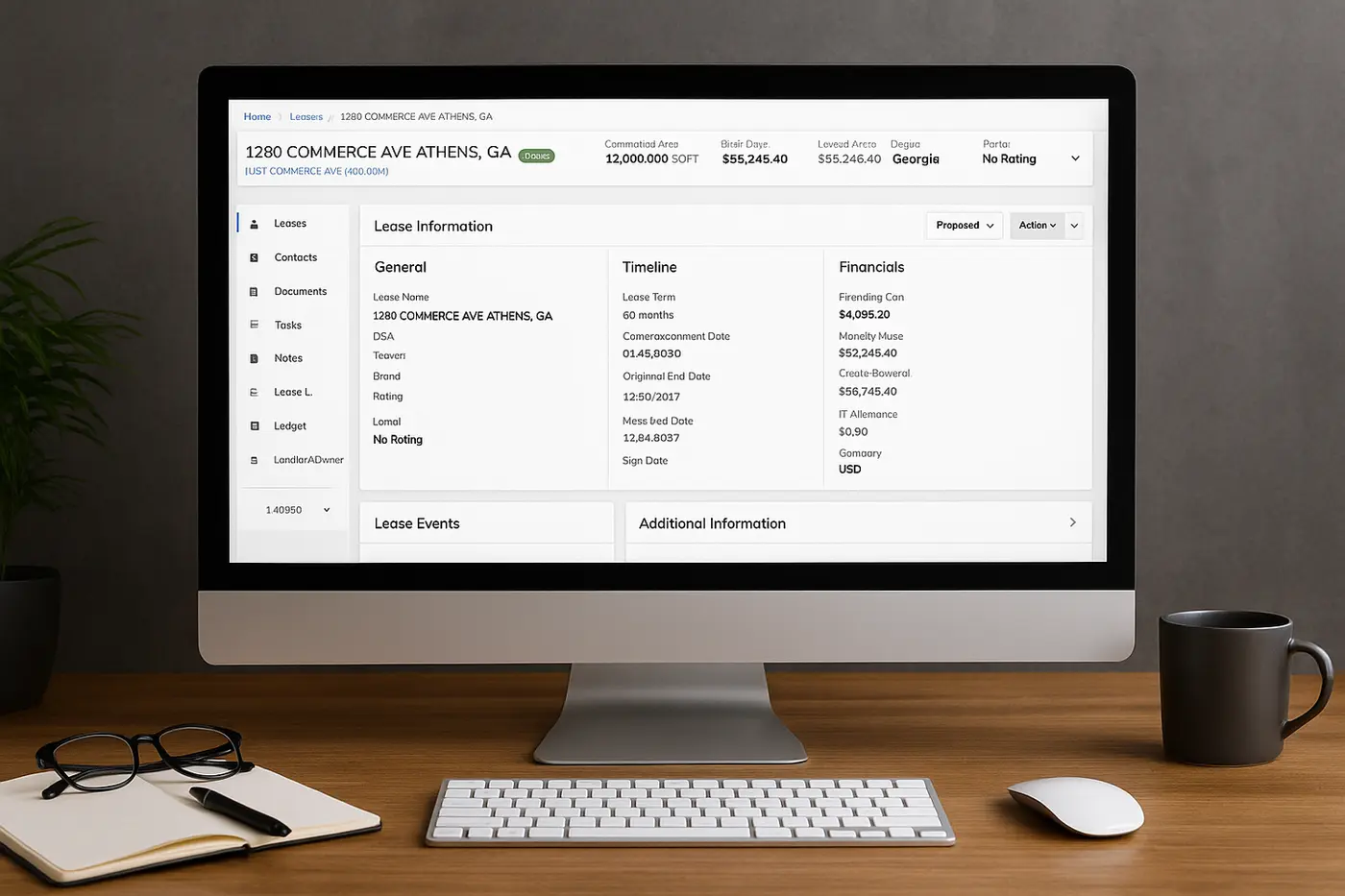 Desktop monitor displaying a detailed lease abstraction