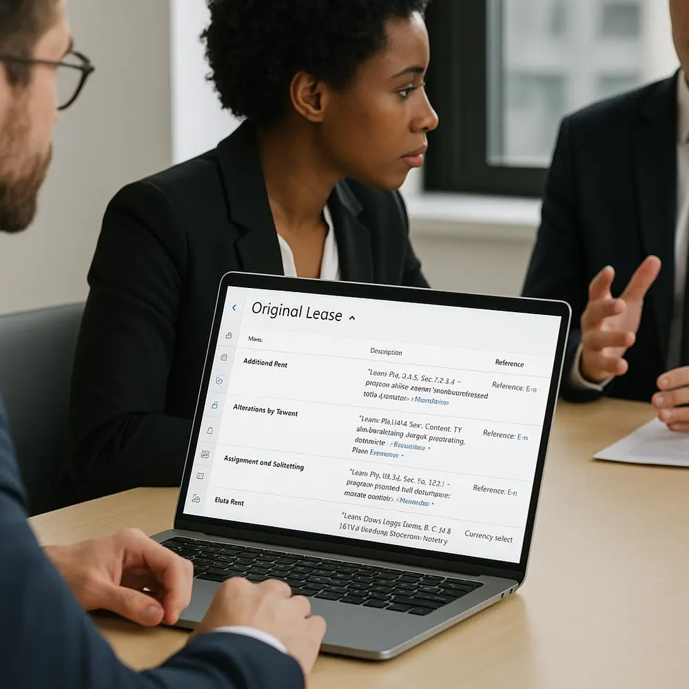 Lease document bookmarks displayed during a business meeting